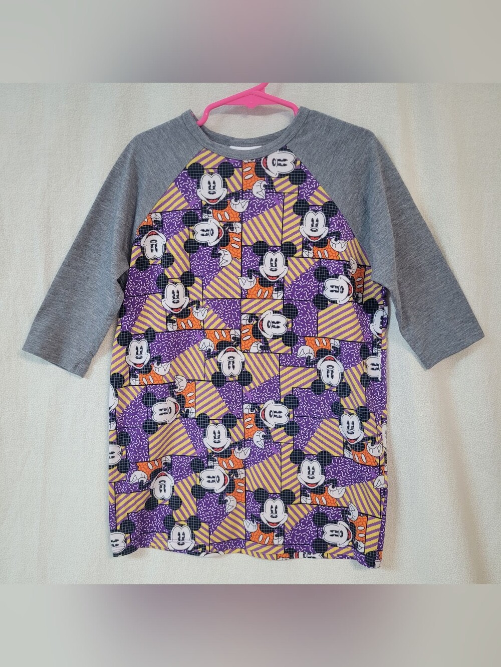 Girls Size 8 Gray Reglan Sleeve Mickey Patchwork Print Top, Resortwear Vacation